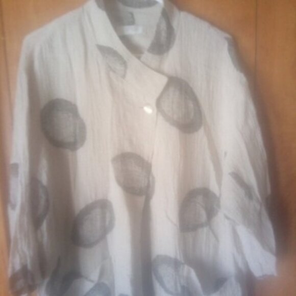 Noen Linen Long Jacket Kimono Coat Beige Black Dot Print Oversized size 6 - Picture 3 of 3